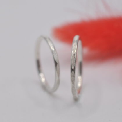 Zwei zarte Silberringe mit feinen Facetten stehen aufrecht vor einer roten Feder