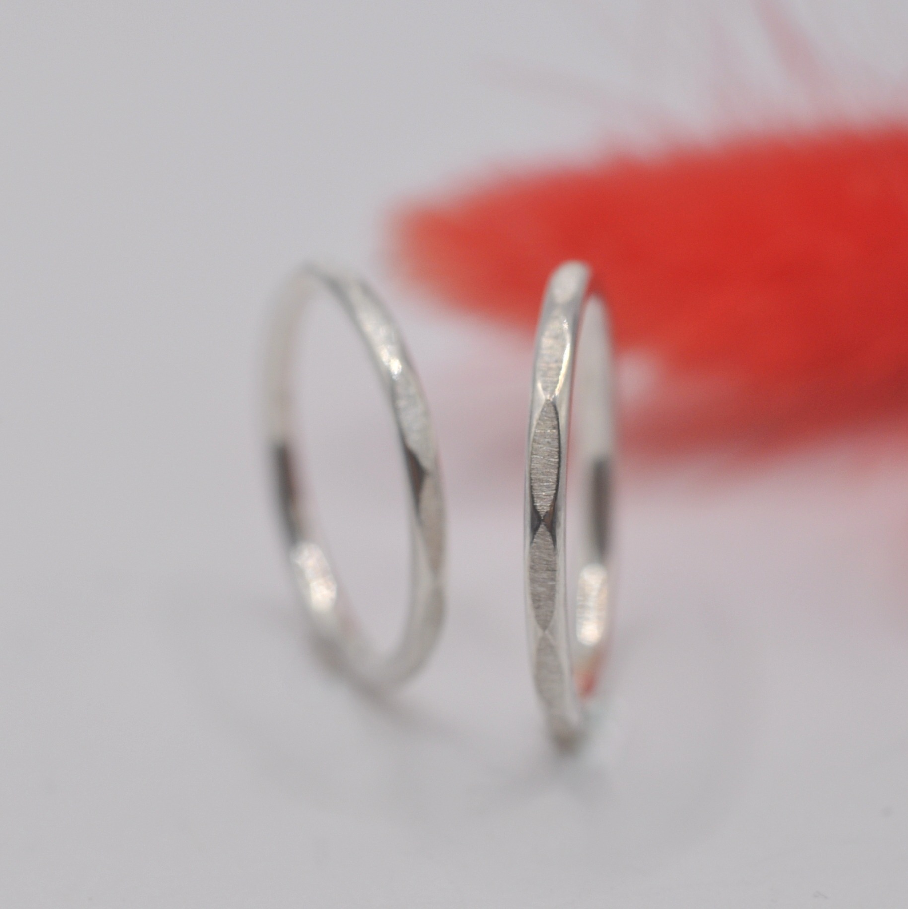 Zwei zarte Silberringe mit feinen Facetten stehen aufrecht vor einer roten Feder